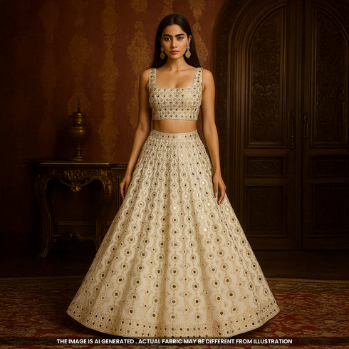 Dyeable Mirror Work Zari Sequins Embroidered  Georgette Fabric- F4192